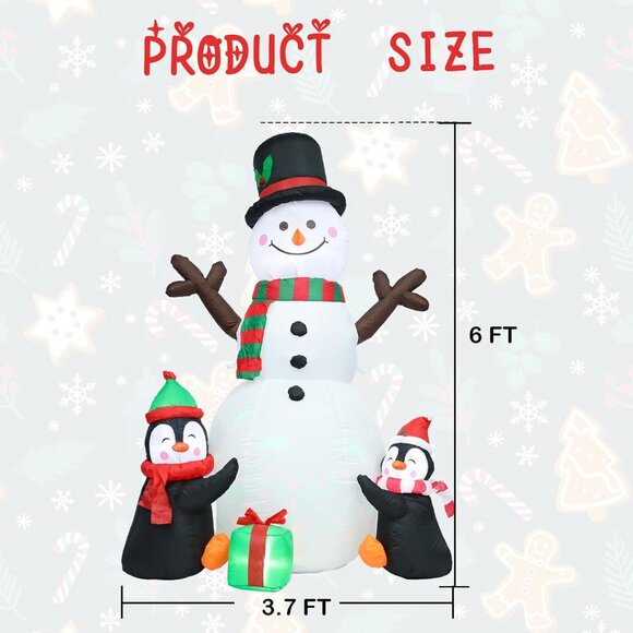 6FT Christmas Inflatable Snowman with Penguins LED Twinkle Lights Yard Decor - Picture 6 of 7